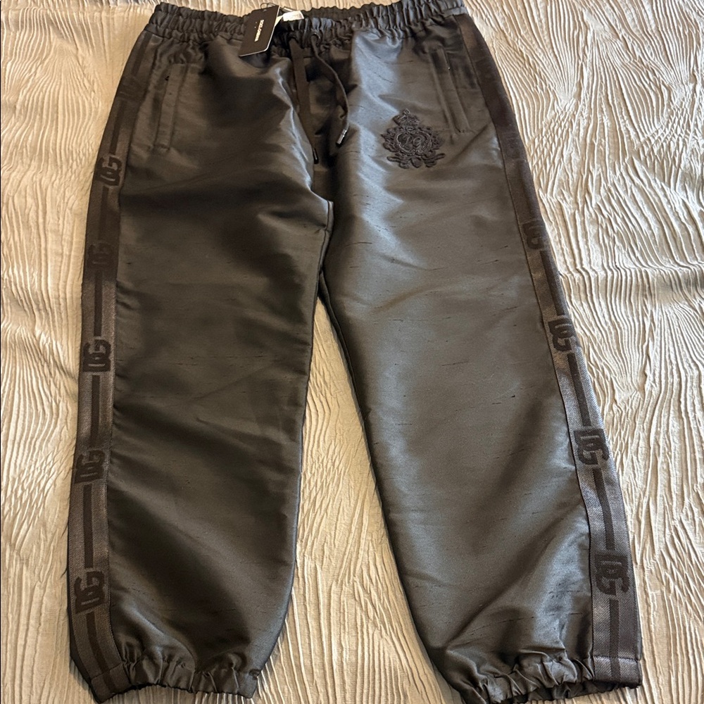Dolce & Gabbana Silk Charcoal Joggers with Logo Detail embroidered authentic!